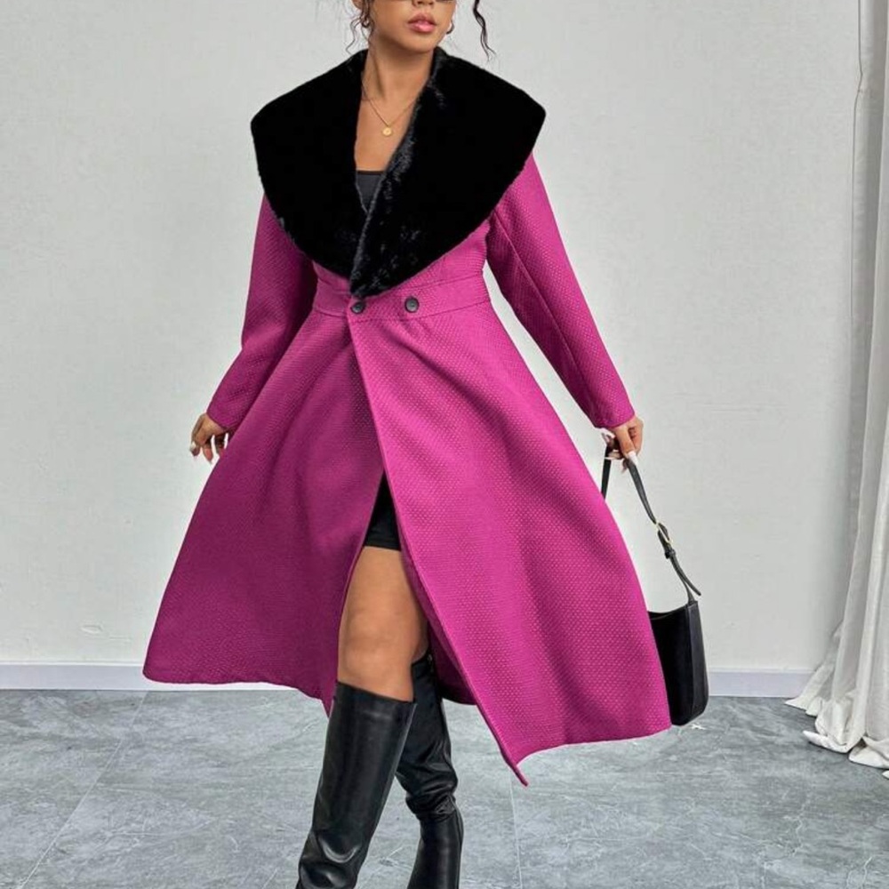 Elegant Women's Pink Coat with Black Collar